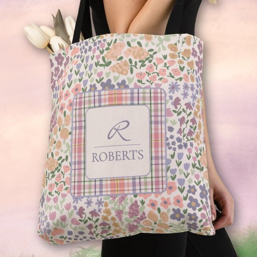 Personalized Patchwork Floral & Plaid Tote Bag トートバッグ
