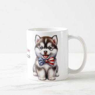 Personalized Patriotic American Siberian Husky Pup コーヒーマグカップ