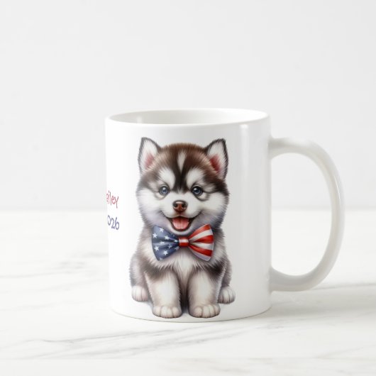 Personalized Patriotic American Siberian Husky Pup コーヒーマグカップ (右)