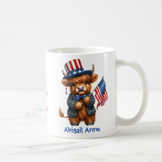Personalized Patriotic Baby Highland Cow コーヒーマグカップ (右)