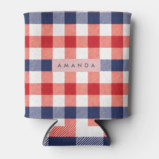 Personalized Patriotic Red, White & Blue Gingham 缶クーラー (正面)