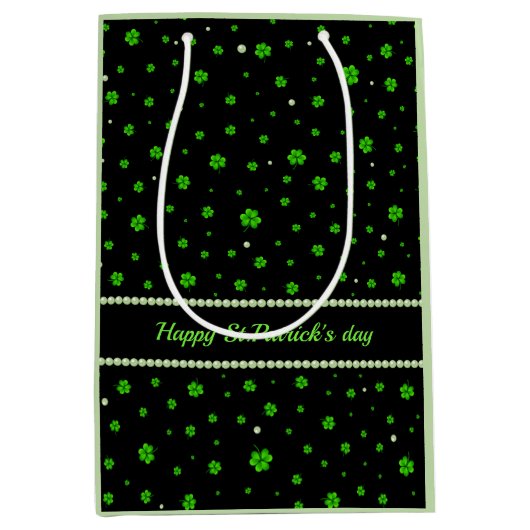 Personalized Pattern of green shamrocks with pearl ミディアムペーパーバッグ (正面)