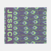 Personalized Peacock Feather Purple Lime Green フリースブランケット (正面(横))