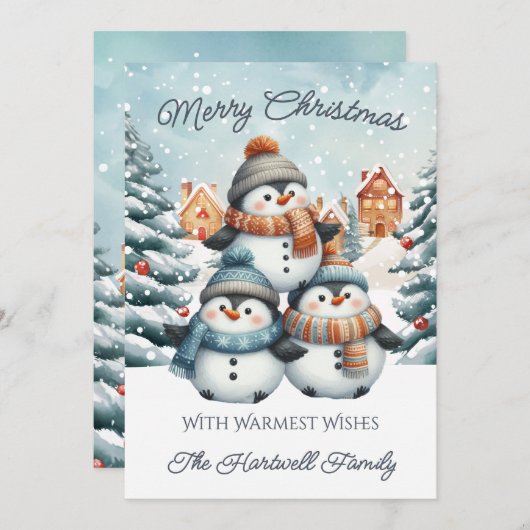 Personalized Penguin Flat Christmas シーズンカード (正面/裏面)