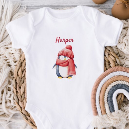 Personalized Penguin in Red Hat Baby Bodysuit ベビーボディスーツ