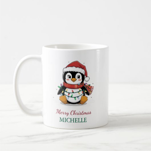 Personalized Penguin in Santa Hat Christmas コーヒーマグカップ (左)