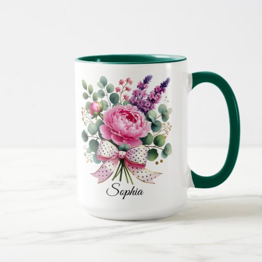 Personalized Peony Floral Name Mug Elegant Gift マグカップ (右)