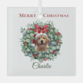 Personalized Pet Christmas with Wreath & Name ガラスオーナメント (正面)
