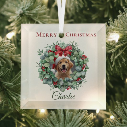 Personalized Pet Christmas with Wreath & Name ガラスオーナメント (インサイチュ)