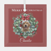 Personalized Pet Christmas with Wreath & Name ガラスオーナメント (正面)