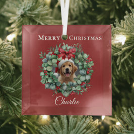 Personalized Pet Christmas with Wreath & Name ガラスオーナメント