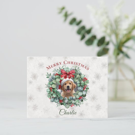 Personalized Pet Christmas with Wreath & Name ポストカード (スタンド正面)