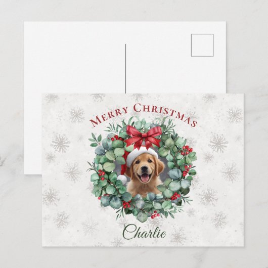 Personalized Pet Christmas with Wreath & Name ポストカード (正面/裏面)