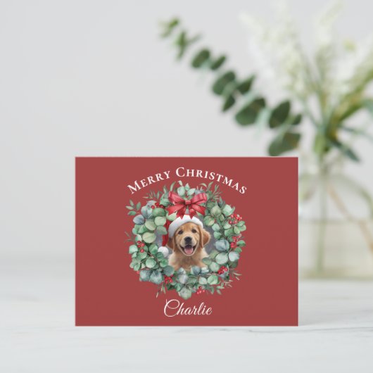 Personalized Pet Christmas with Wreath & Name ポストカード (スタンド正面)