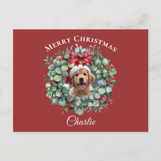 Personalized Pet Christmas with Wreath & Name ポストカード (正面)