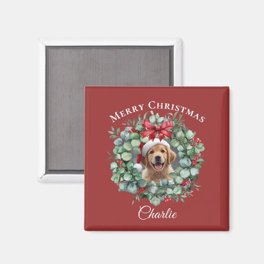 Personalized Pet Christmas with Wreath & Name マグネット (正面/裏面)