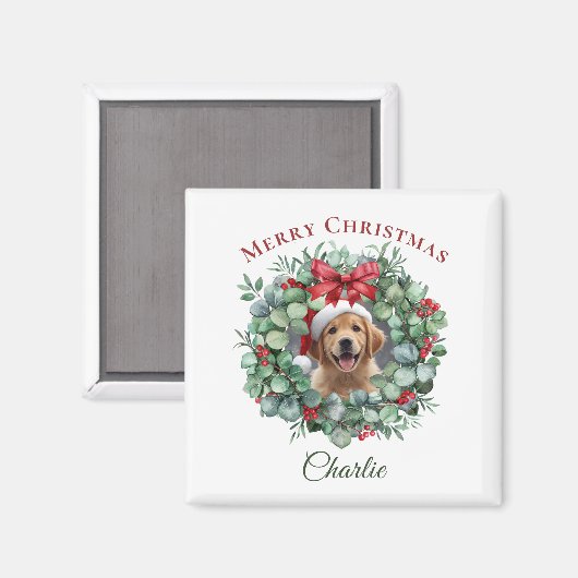 Personalized Pet Christmas with Wreath & Name マグネット (正面/裏面)