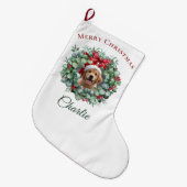 Personalized Pet Christmas with Wreath & Name ラージクリスマスストッキング (正面 (吊り時))
