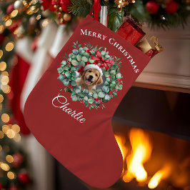 Personalized Pet Christmas with Wreath & Name ラージクリスマスストッキング
