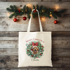 Personalized Pet Christmas with Wreath & Name Tote トートバッグ