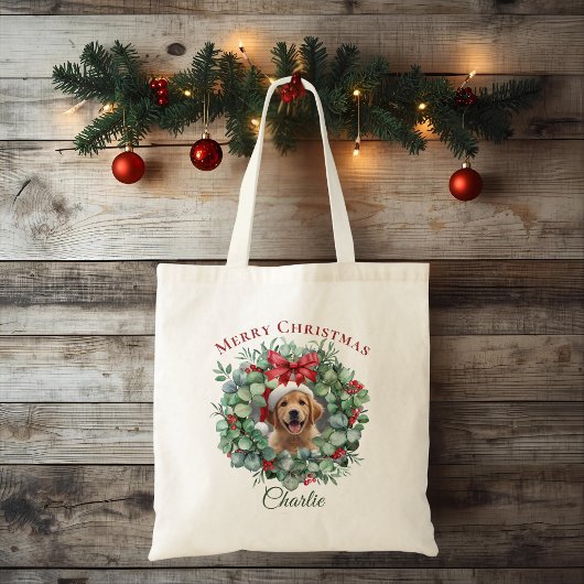 Personalized Pet Christmas with Wreath & Name Tote トートバッグ