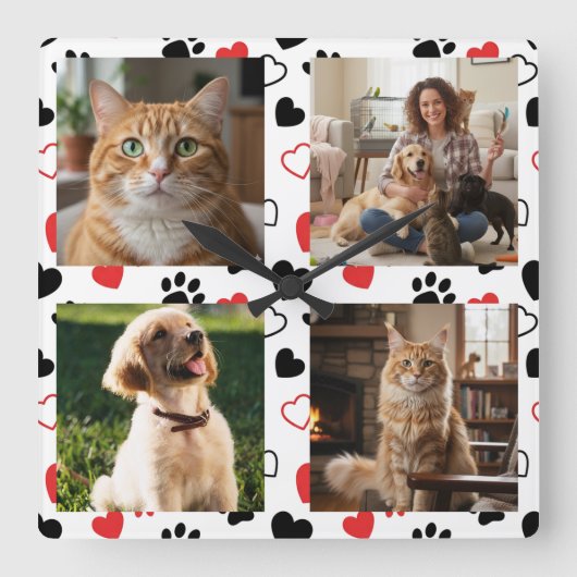 Personalized Pet Photo Collage Square Wall Clock スクエア壁時計 (正面)