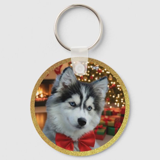 Personalized Pet Photo "Love" Gold Glitter キーホルダー (正面)