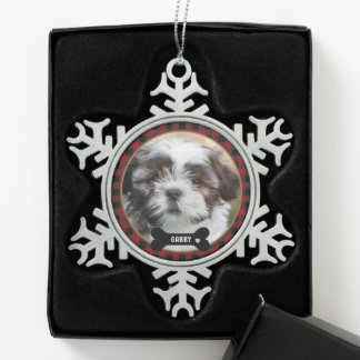Personalized Pet Photo Red Plaid Elegant スノーフレークピューターオーナメント