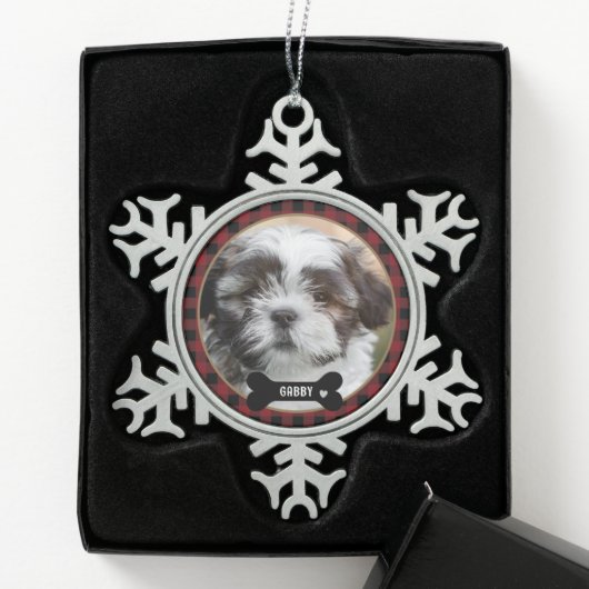 Personalized Pet Photo Red Plaid Elegant スノーフレークピューターオーナメント (ボックス)