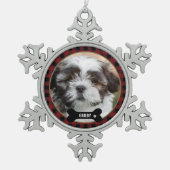 Personalized Pet Photo Red Plaid Elegant スノーフレークピューターオーナメント (正面)