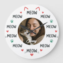Personalized Pet Photo Wall Clock with 'MEOW'  ラージ壁時計