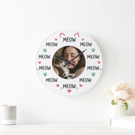 Personalized Pet Photo Wall Clock with 'MEOW' ラージ壁時計 (ホーム)