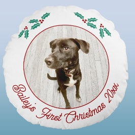 Personalized Pet Puppy Dog First Christmas Photo ラウンドクッション