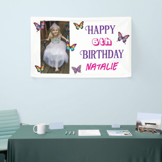 Personalized Photo and Age Butterfly Birthday 横断幕 (トレードショー)