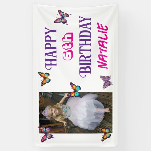 Personalized Photo and Age Butterfly Birthday 横断幕 (縦)