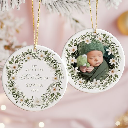 Personalized Photo Baby 1st Christmas Woodland セラミックオーナメント