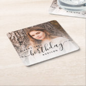 Personalized Photo Black Script 18th Birthday スクエアペーパーコースター (アングル)