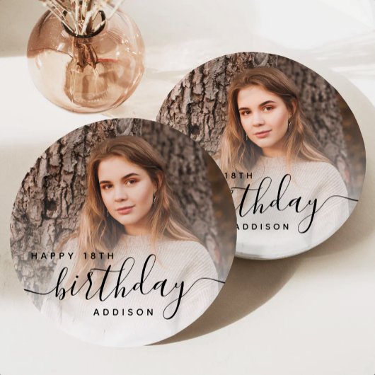 Personalized Photo Black Script 18th Birthday ペーパープレート