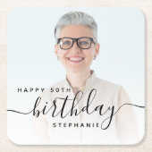 Personalized Photo Black Script 50th Birthday スクエアペーパーコースター (正面)