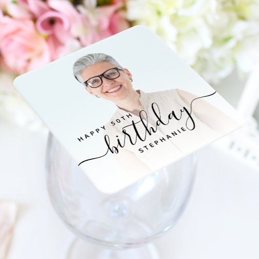 Personalized Photo Black Script 50th Birthday スクエアペーパーコースター