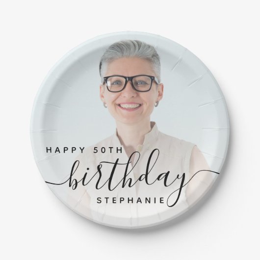 Personalized Photo Black Script 50th Birthday ペーパープレート (正面)
