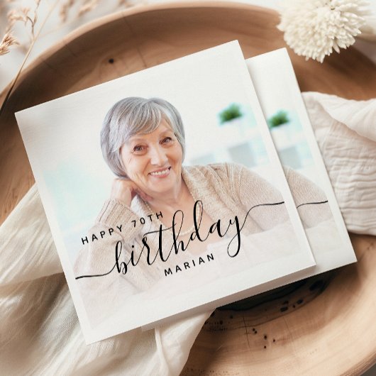 Personalized Photo Black Script 70th Birthday スタンダードカクテルナプキン