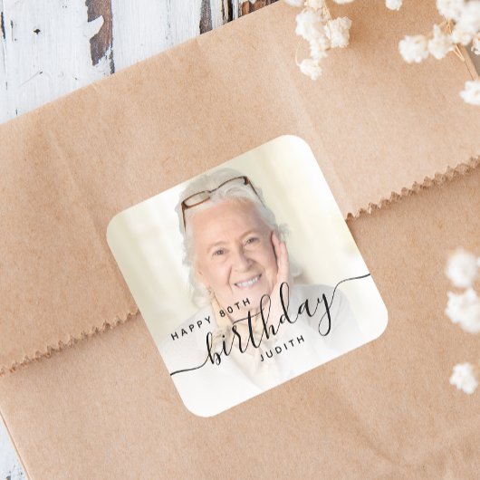 Personalized Photo Black Script 80th Birthday スクエアシール