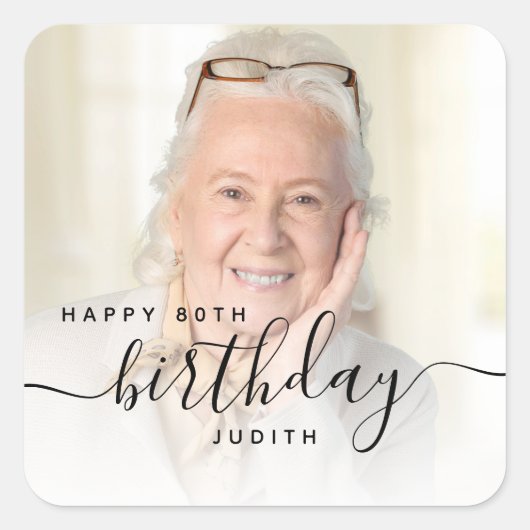 Personalized Photo Black Script 80th Birthday スクエアシール (正面)