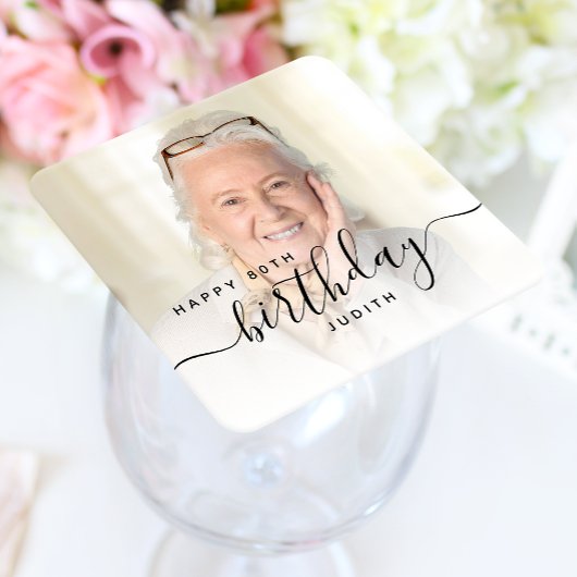 Personalized Photo Black Script 80th Birthday スクエアペーパーコースター