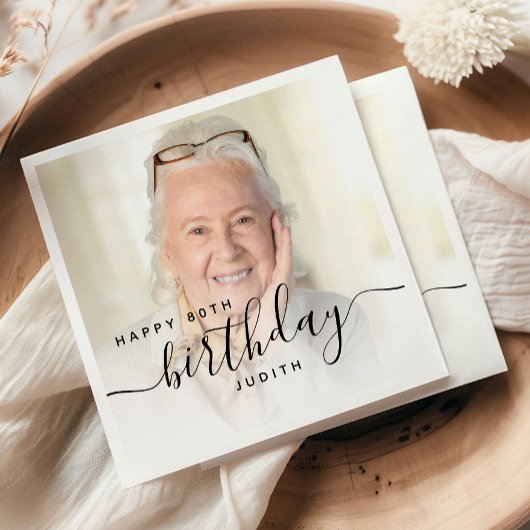 Personalized Photo Black Script 80th Birthday スタンダードカクテルナプキン