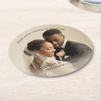 Personalized Photo Favor with Names & Wedding Date ラウンドペーパーコースター