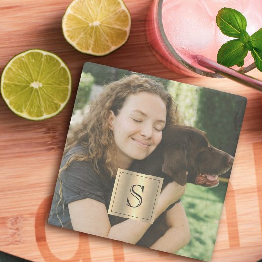 Personalized Photo Gold Frame and Black Monogram ストーンコースター