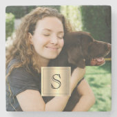 Personalized Photo Gold Frame and Black Monogram ストーンコースター (正面)
