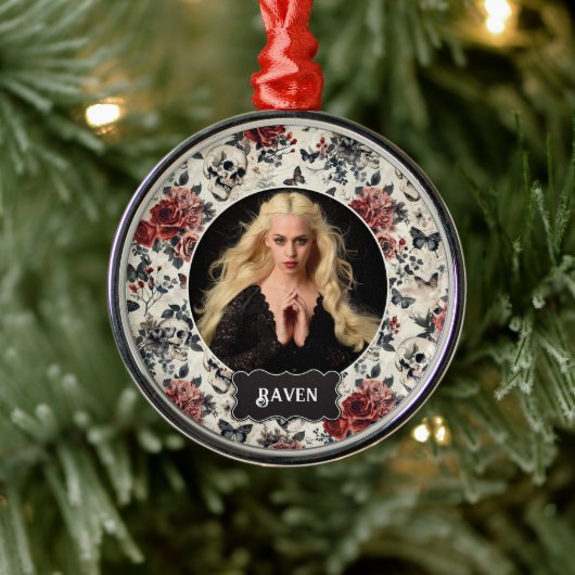 Personalized Photo Gothic Rose and Skull Christmas メタルオーナメント (ツリー)